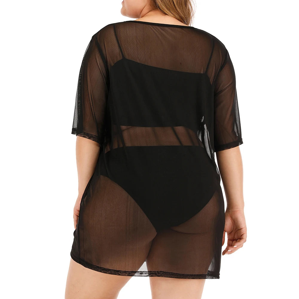 Plus Size Ladies See-through Mini Bikini Short Sleeve Dresses